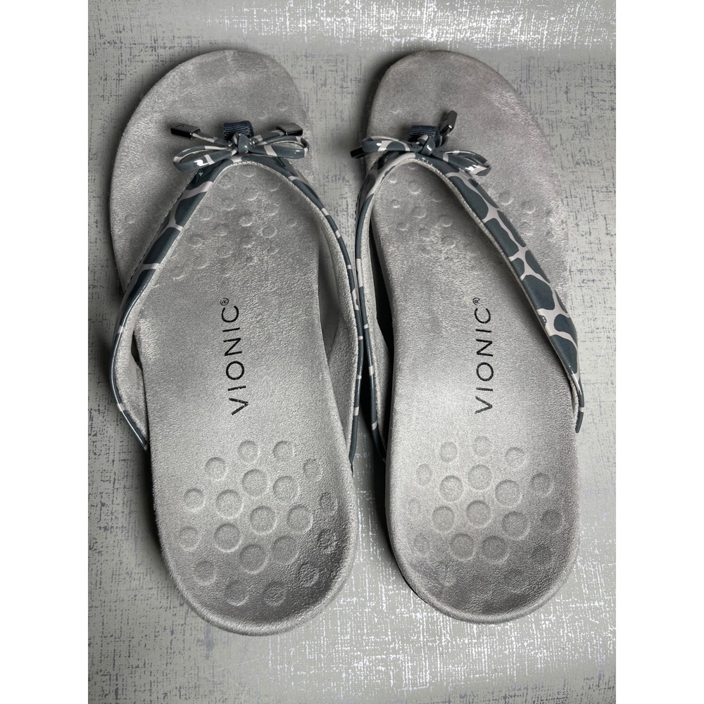 Vionic Bella Grey Giraffe Print Orthotic Flip Flop Sandals Bow 8.5 - Picture 5 of 7
